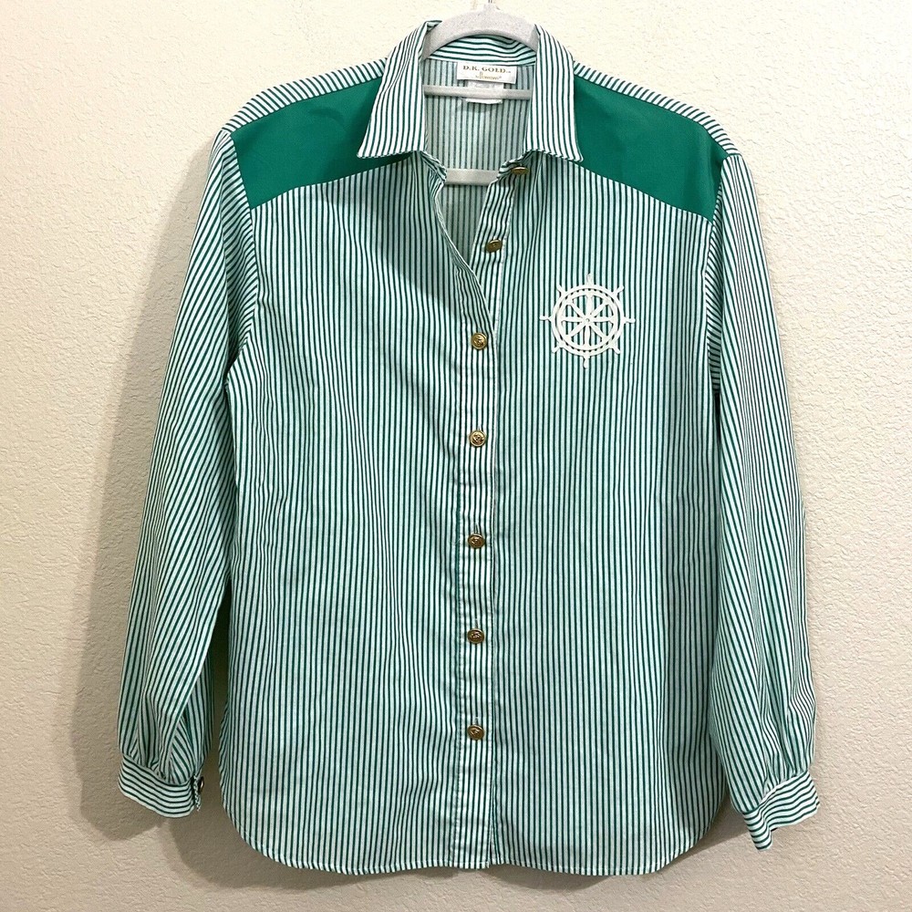 DK Gold Donnkenny Womens Shirt Size 10 USA Vtg Nautical Green White